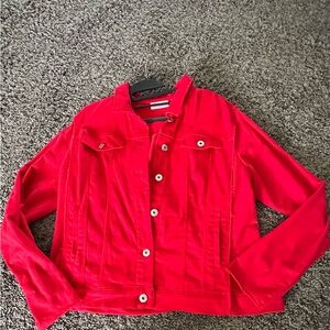 Belle Kim gravel red Jean twill jacket knit back and sleeves size large